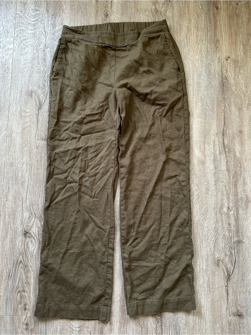 Green Stretch Waistband Linen Straight Leg Pants